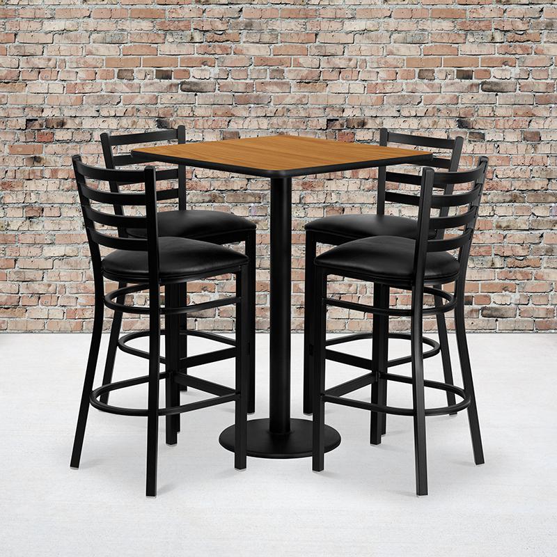  30'' Square Natural Laminate Table Set With 4 Ladder Back Metal Barstools - Black Vinyl Seat By Flash Furniture 