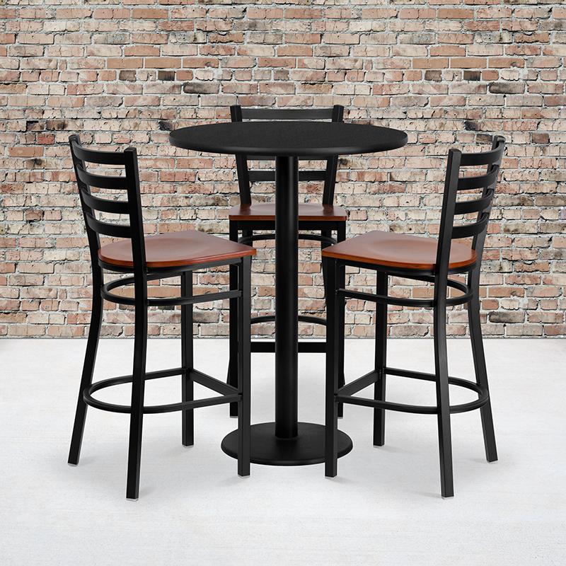  30'' Round Black Laminate Table Set With 3 Ladder Back Metal Barstools - Cherry Wood Seat By Flash Furniture 