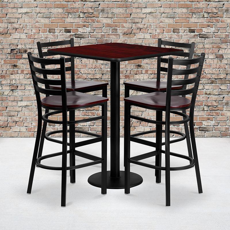  30'' Square Mahogany Laminate Table Set With 4 Ladder Back Metal Barstools - Mahogany Wood Seat By Flash Furniture 