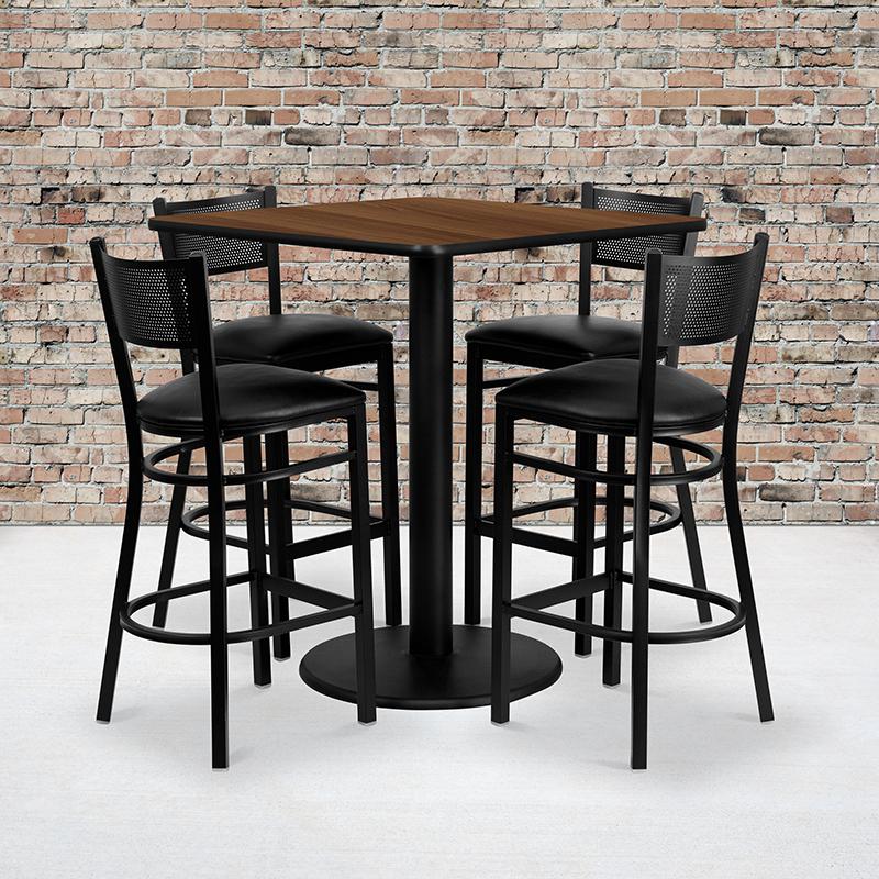  36'' Square Walnut Laminate Table Set With 4 Grid Back Metal Barstools - Black Vinyl Seat By Flash Furniture 