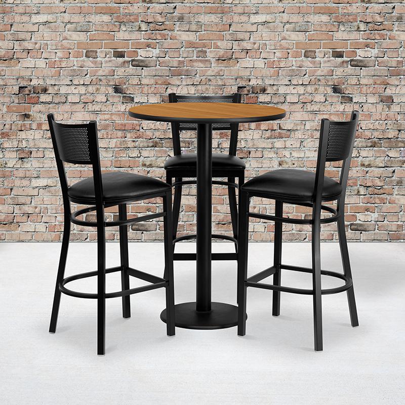  30'' Round Natural Laminate Table Set With 3 Grid Back Metal Barstools - Black Vinyl Seat By Flash Furniture 