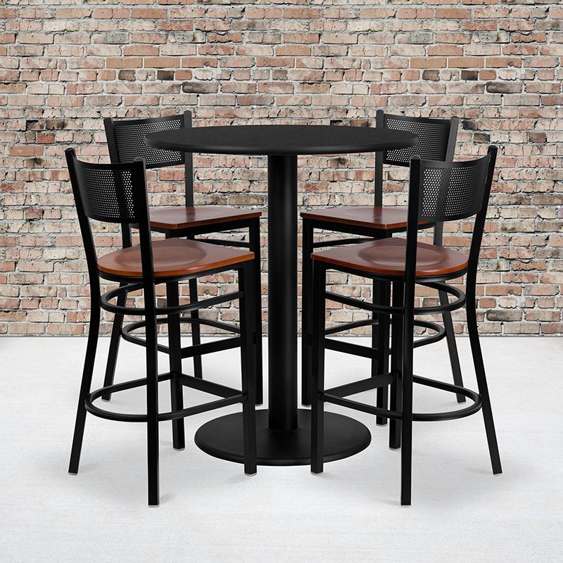  36'' Round Black Laminate Table Set With 4 Grid Back Metal Barstools - Cherry Wood Seat By Flash Furniture 