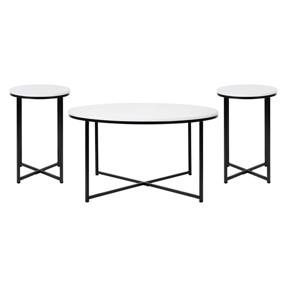  Hampstead Collection Coffee And End Table Set - White Laminate Top With Matte Black Crisscross Frame, 3 Piece Table Set By Flash Furniture 