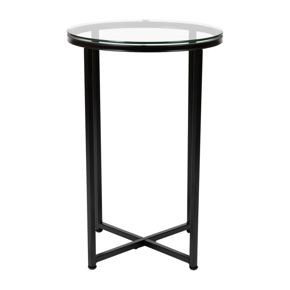  Greenwich Collection End Table - Modern Clear Glass Accent Table With Crisscross Matte Black Frame By Flash Furniture 