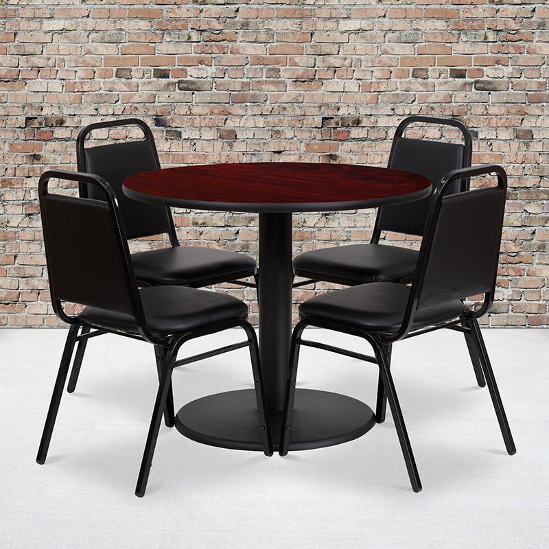  36'' Round Mahogany Laminate Table Set With Round Base And 4 Black Trapezoidal Back Banquet Chairs By Flash Furniture 