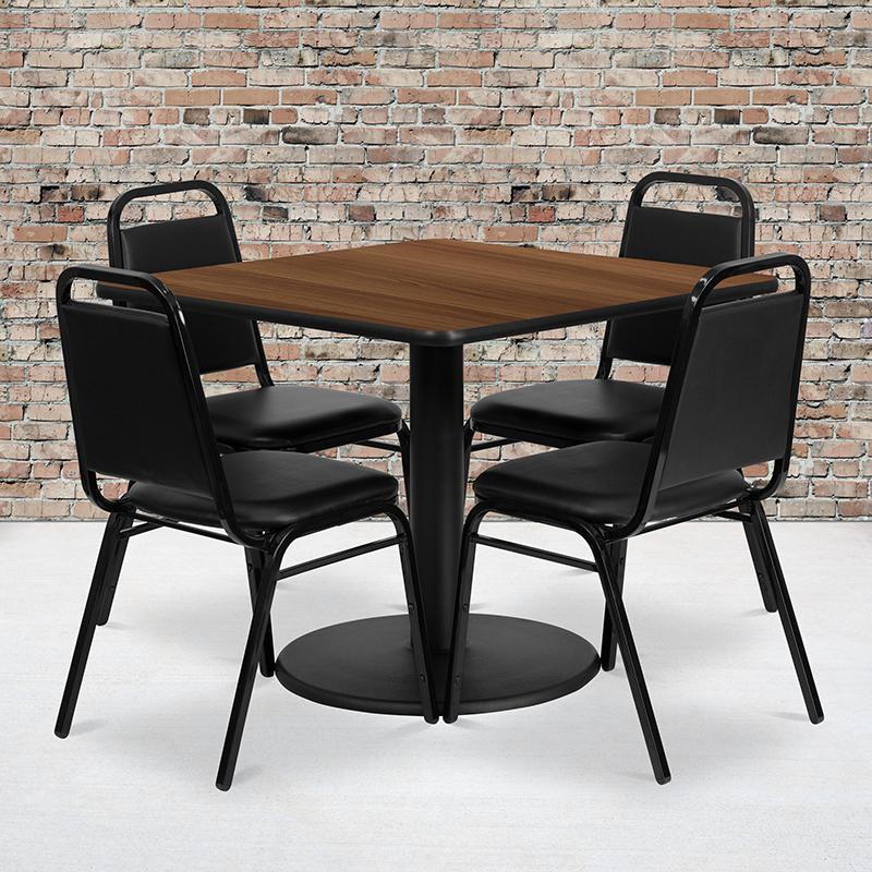  36'' Square Walnut Laminate Table Set With Round Base And 4 Black Trapezoidal Back Banquet Chairs By Flash Furniture 