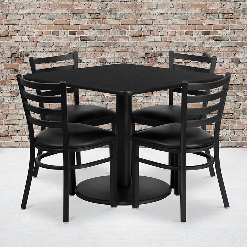  36'' Square Black Laminate Table Set With Round Base And 4 Ladder Back Metal Chairs - Black Vinyl Seat By Flash Furniture 