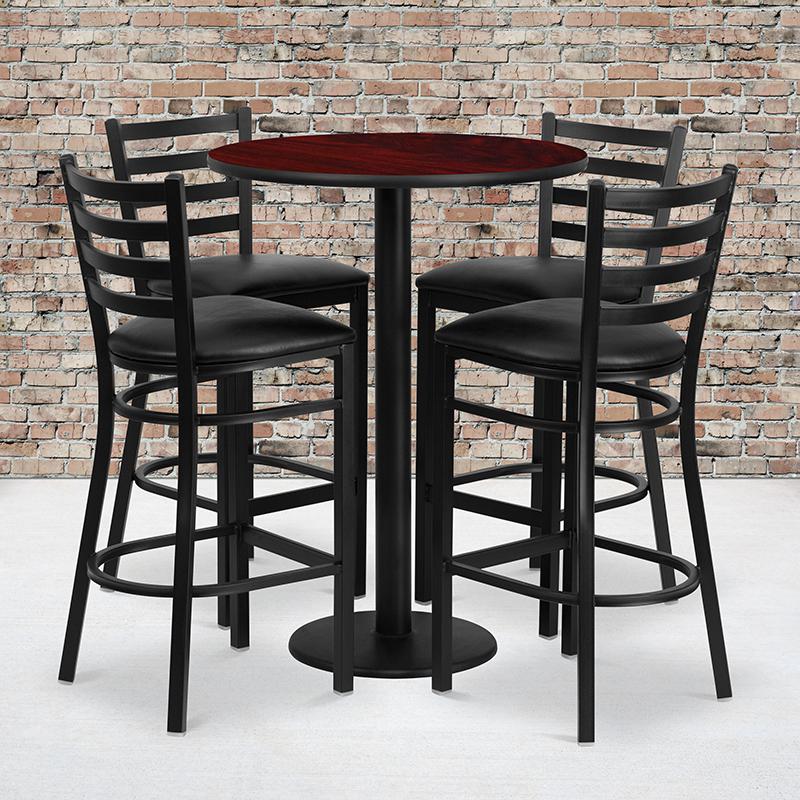  30'' Round Mahogany Laminate Table Set With Round Base And 4 Ladder Back Metal Barstools - Black Vinyl Seat By Flash Furniture 