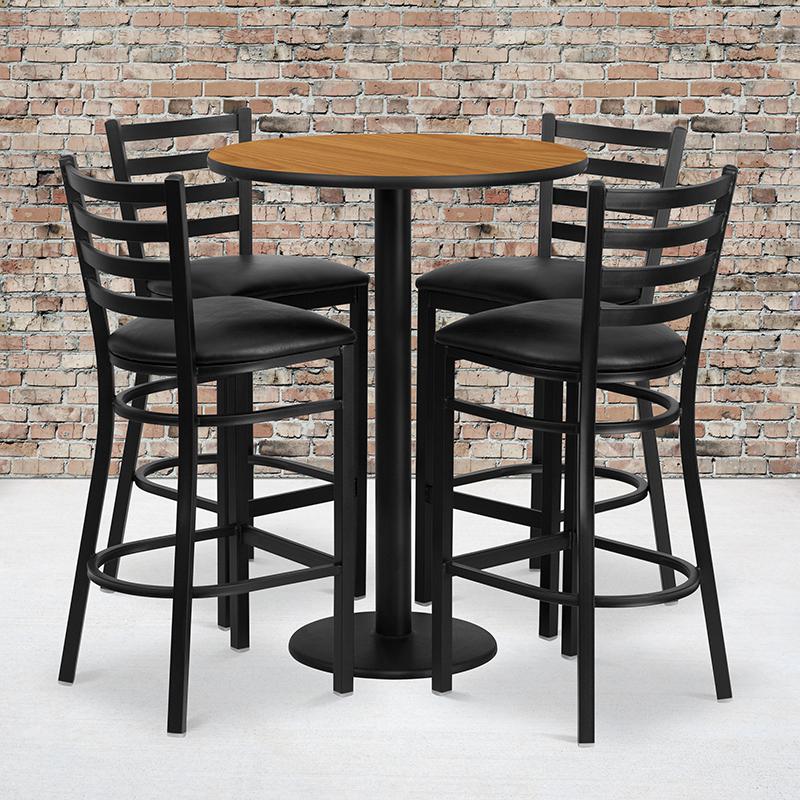  30'' Round Natural Laminate Table Set With Round Base And 4 Ladder Back Metal Barstools - Black Vinyl Seat By Flash Furniture 