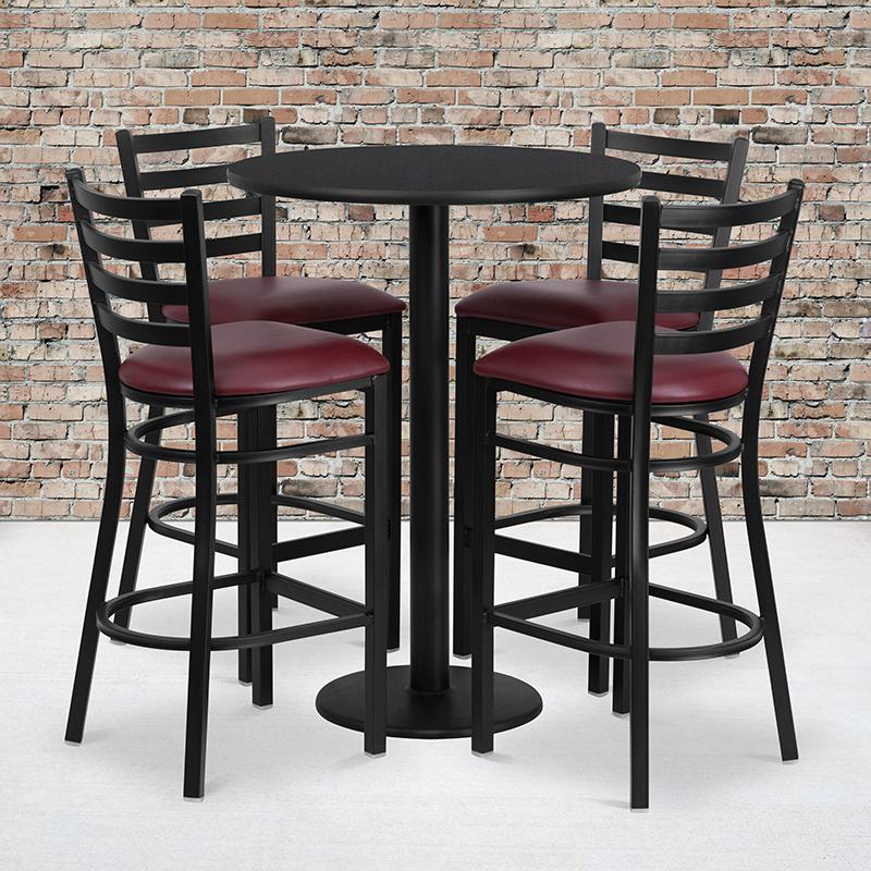  30'' Round Black Laminate Table Set With Round Base And 4 Ladder Back Metal Barstools - Burgundy Vinyl Seat By Flash Furniture 