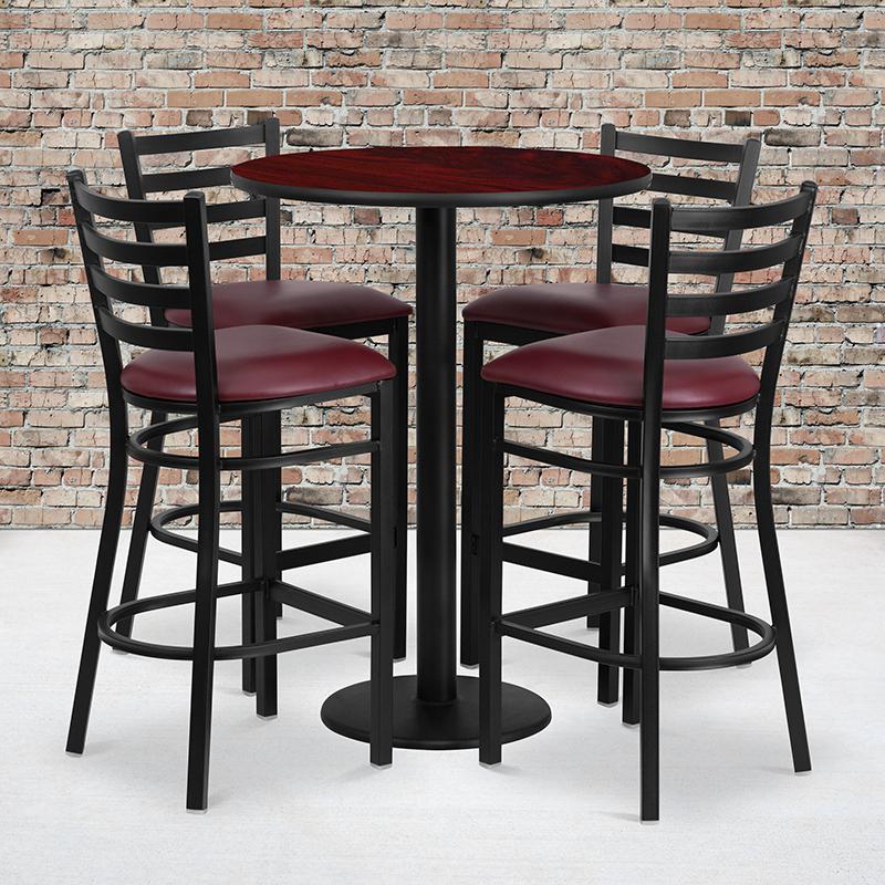  30'' Round Mahogany Laminate Table Set With Round Base And 4 Ladder Back Metal Barstools - Burgundy Vinyl Seat By Flash Furniture 