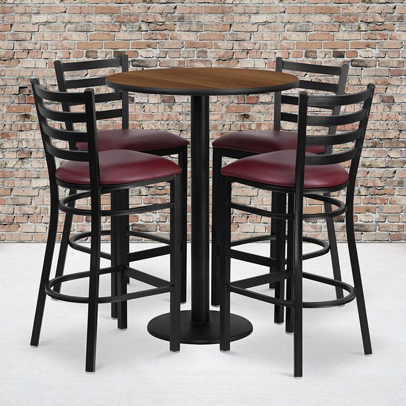  30'' Round Walnut Laminate Table Set With Round Base And 4 Ladder Back Metal Barstools - Burgundy Vinyl Seat By Flash Furniture 