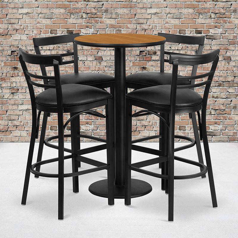  24'' Round Natural Laminate Table Set With Round Base And 4 Two-Slat Ladder Back Metal Barstools - Black Vinyl Seat By Flash Furniture 