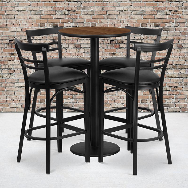  24'' Round Walnut Laminate Table Set With Round Base And 4 Two-Slat Ladder Back Metal Barstools - Black Vinyl Seat By Flash Furniture 