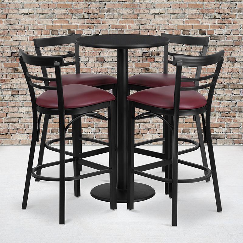  24'' Round Black Laminate Table Set With Round Base And 4 Two-Slat Ladder Back Metal Barstools - Burgundy Vinyl Seat By Flash Furniture 