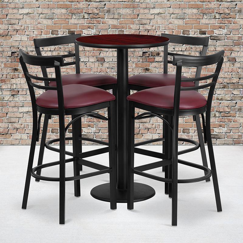  24'' Round Mahogany Laminate Table Set With Round Base And 4 Two-Slat Ladder Back Metal Barstools - Burgundy Vinyl Seat By Flash Furniture 