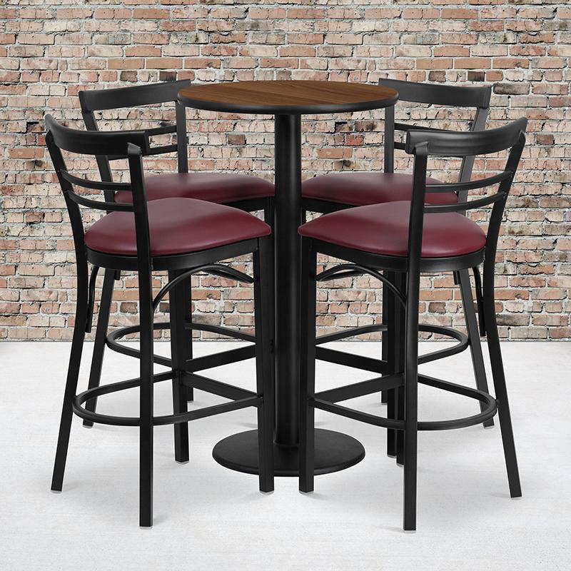  24'' Round Walnut Laminate Table Set With Round Base And 4 Two-Slat Ladder Back Metal Barstools - Burgundy Vinyl Seat By Flash Furniture 