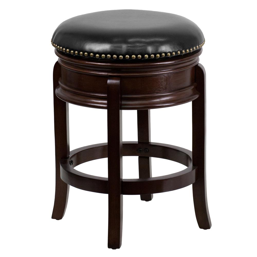  24'' High Backless Cappuccino Wood Counter Height Stool With Carved Apron And Black Leathersoft Swivel Seat By Flash Furniture 