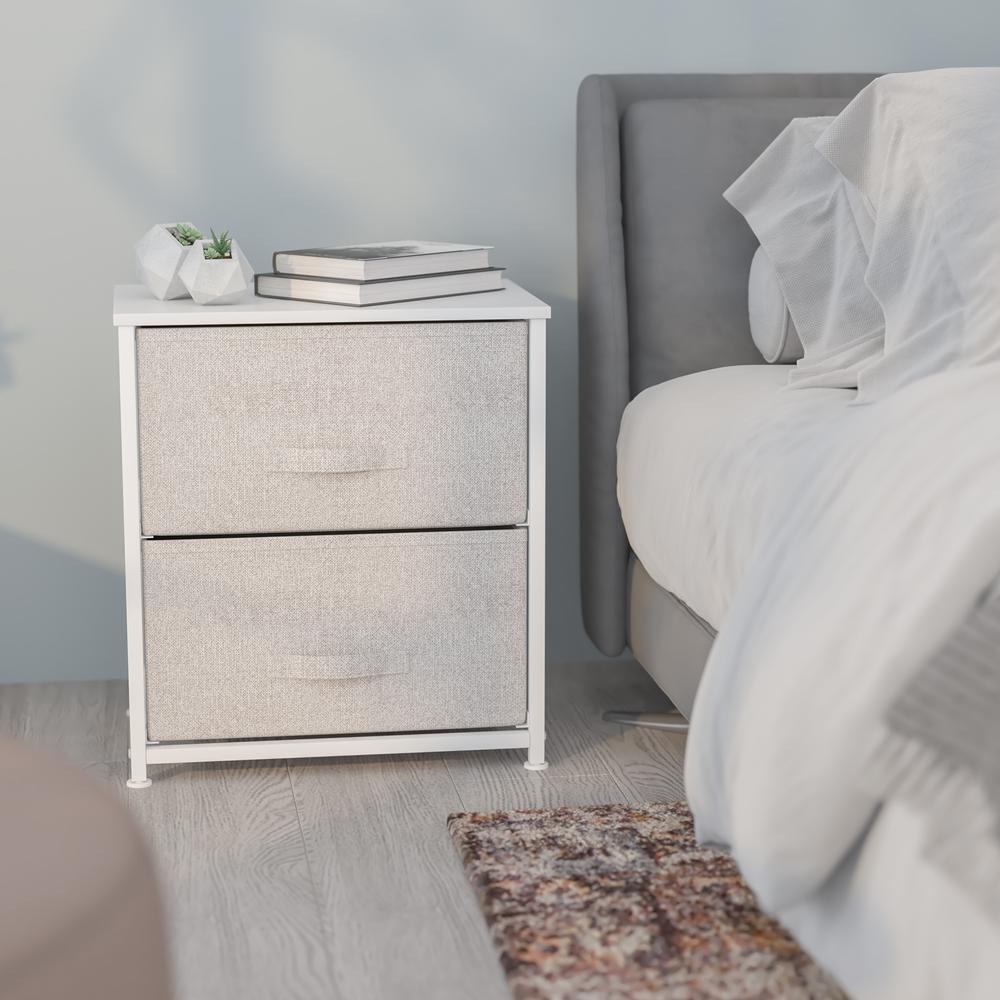  2 Drawer Wood Top White Nightstand Storage Organizer With Cast Iron Frame And Light Gray Easy Pull Fabric Drawers By Flash Furniture 