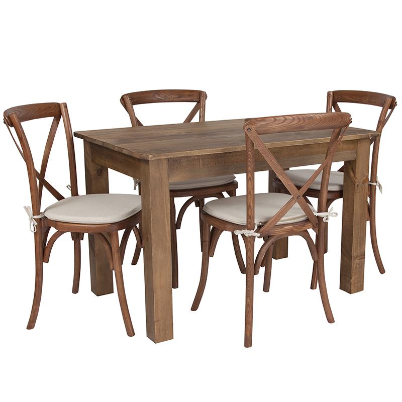  46" X 30" Antique Rustic Farm Table Set With 4 Cross Back Chairs And Cushions By Flash Furniture 