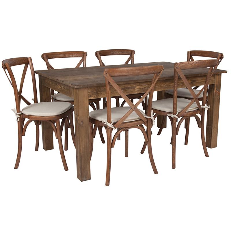  60" X 38" Antique Rustic Farm Table Set With 6 Cross Back Chairs And Cushions By Flash Furniture 