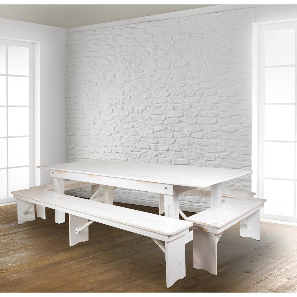 Hercules Series 8' X 40" Antique Rustic White Folding Farm Table And Four Bench Set By Flash Furniture 