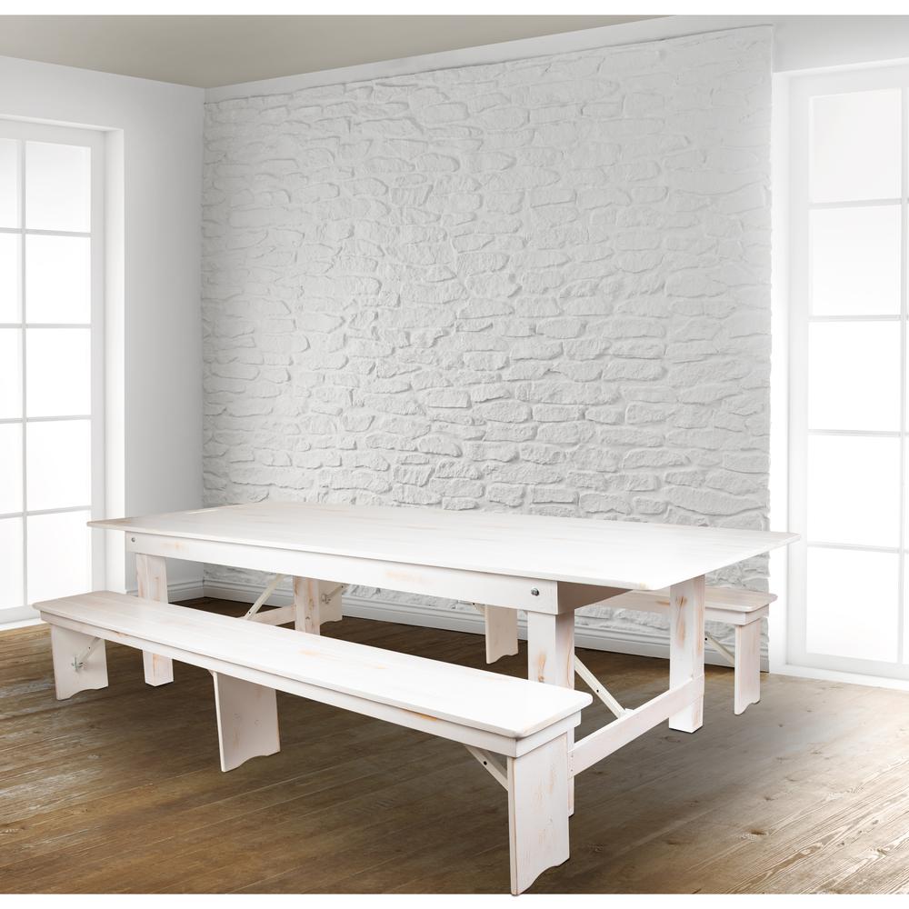  Hercules Series 9' X 40" Antique Rustic White Folding Farm Table And Two Bench Set By Flash Furniture 