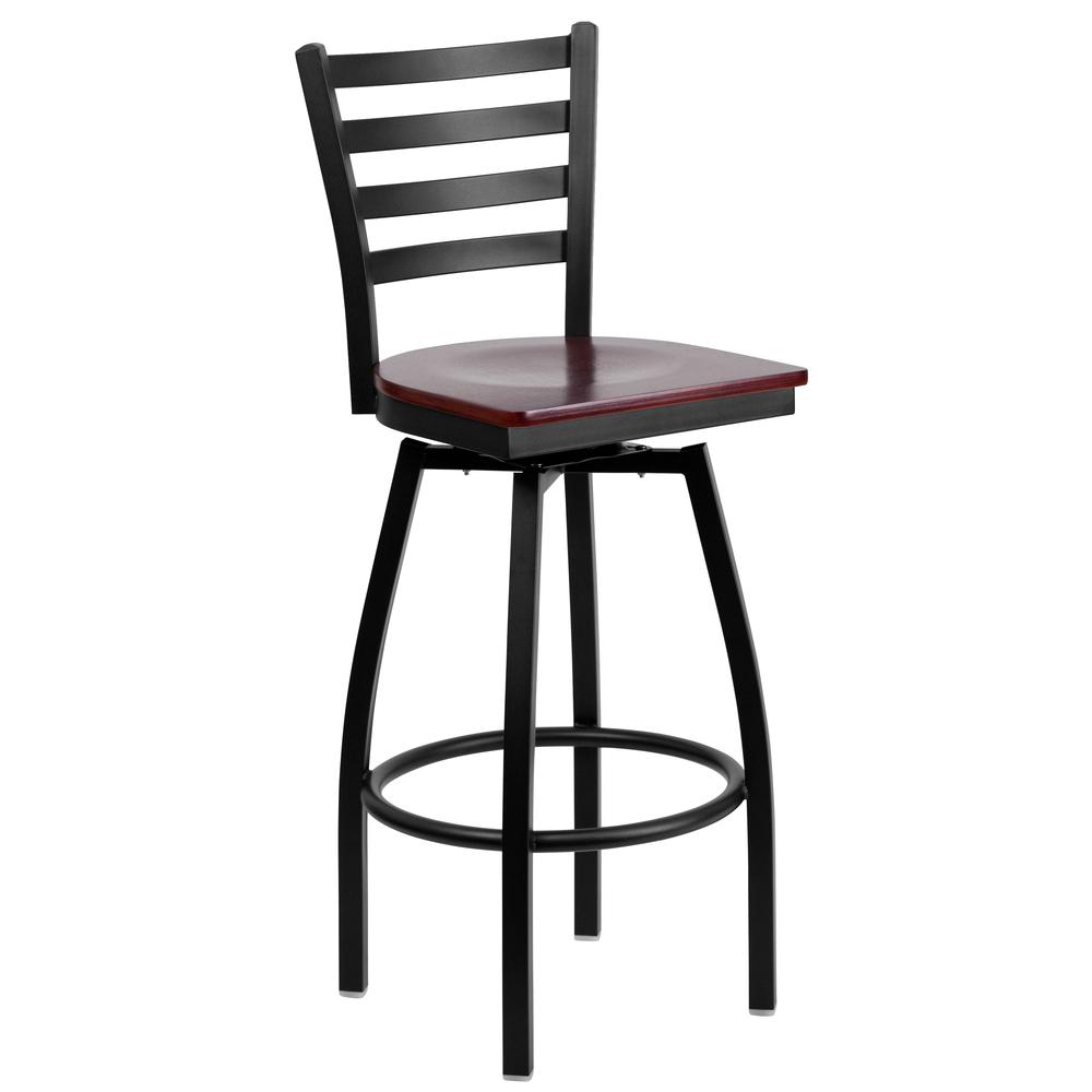  Hercules Series Black Ladder Back Swivel Metal Barstool - Mahogany Wood Seat By Flash Furniture 