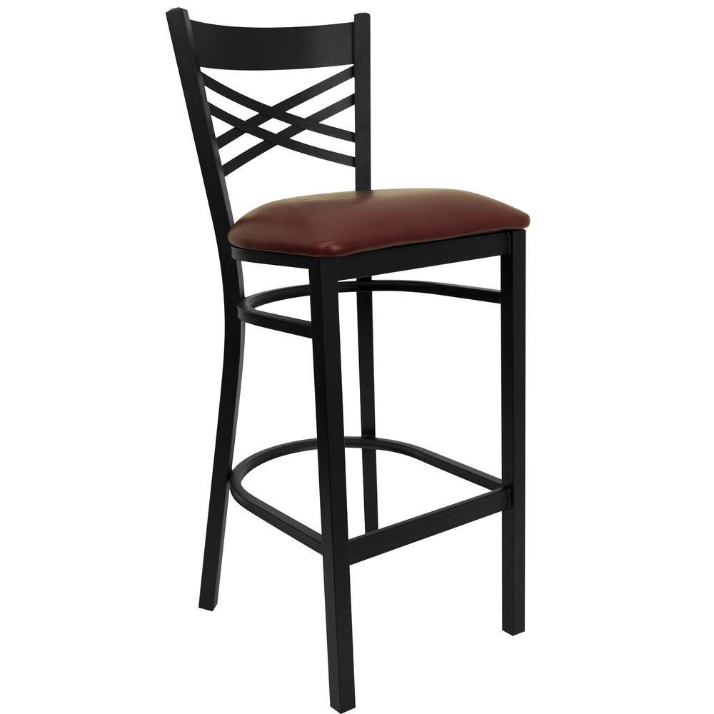  Hercules Series Black ''X'' Back Metal Restaurant Barstool - Burgundy Vinyl Seat By Flash Furniture 