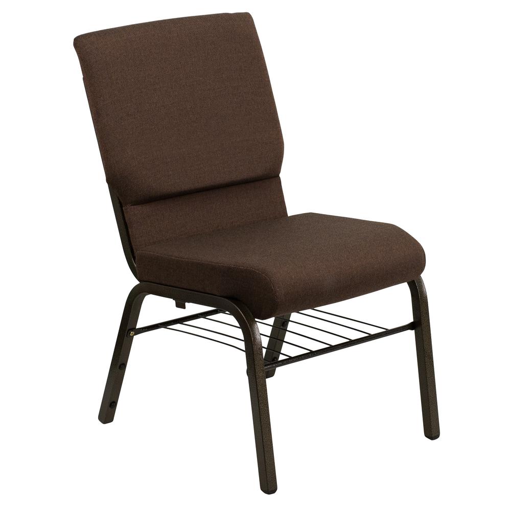  Hercules Series 18.5''W Church Chair In Brown Fabric With Book Rack - Gold Vein Frame By Flash Furniture 