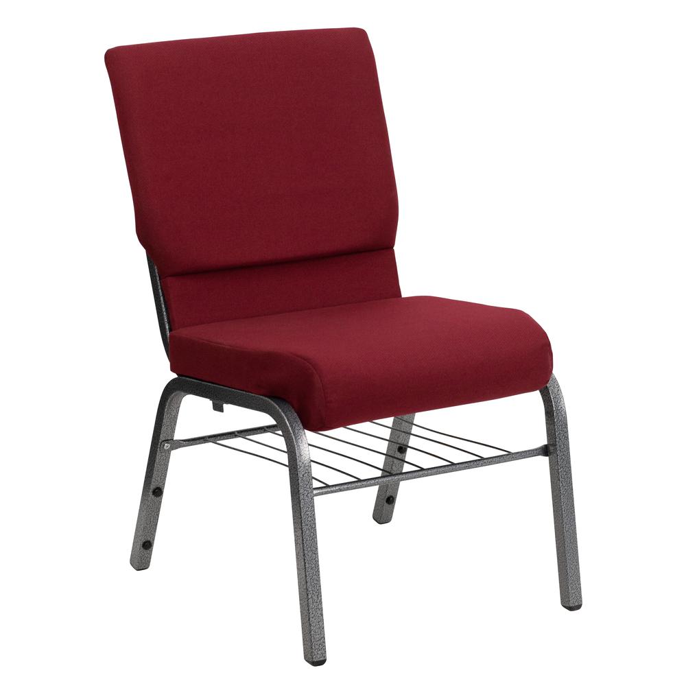  Hercules Series 18.5''W Church Chair In Burgundy Fabric With Book Rack - Silver Vein Frame By Flash Furniture 