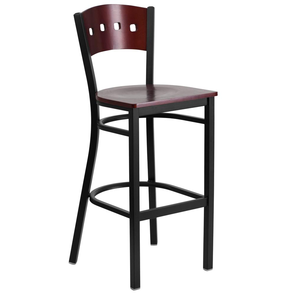  Hercules Series Black 4 Square Back Metal Restaurant Barstool - Mahogany Wood Back & Seat By Flash Furniture 