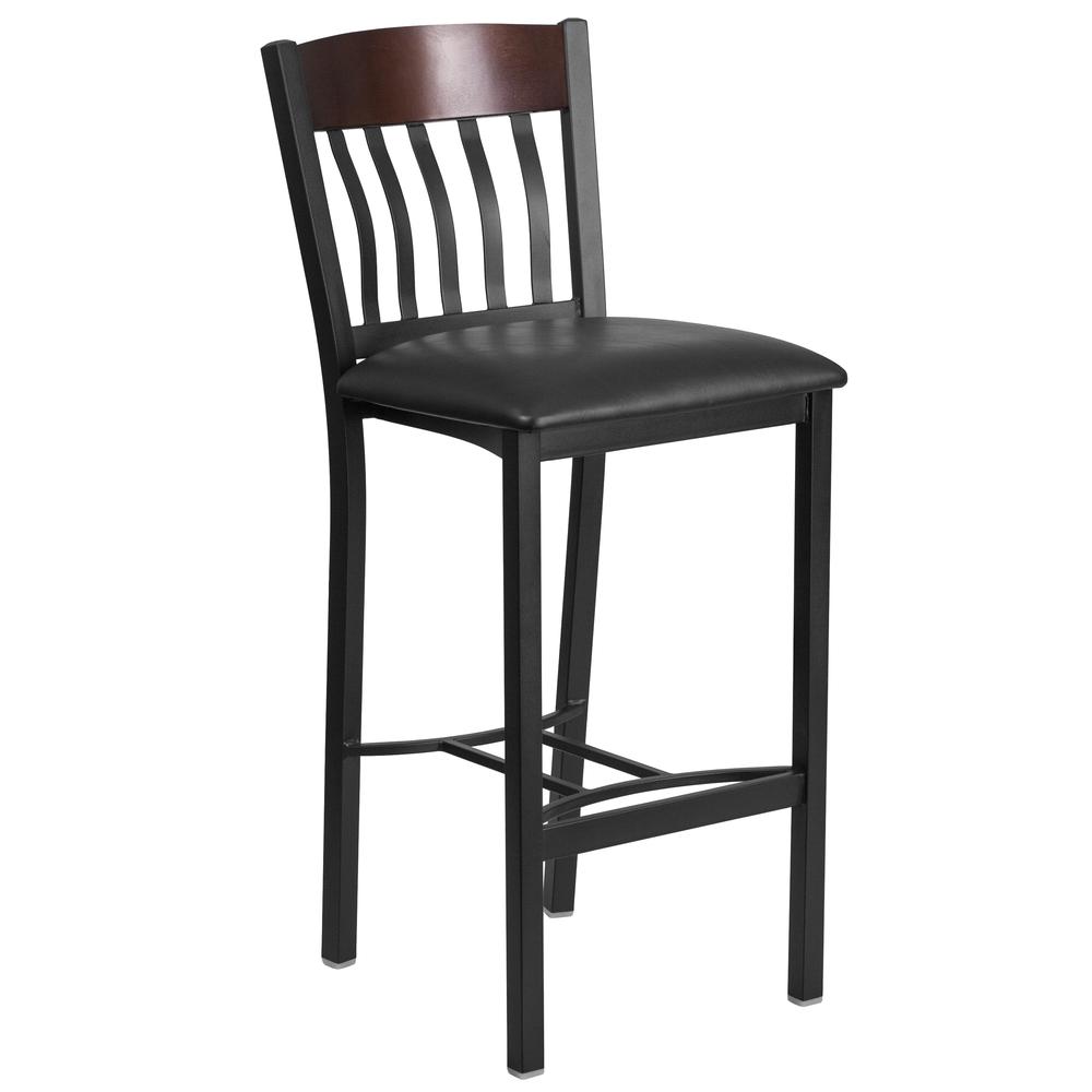  Eclipse Series Vertical Back Black Metal And Walnut Wood Restaurant Barstool With Black Vinyl Seat By Flash Furniture 