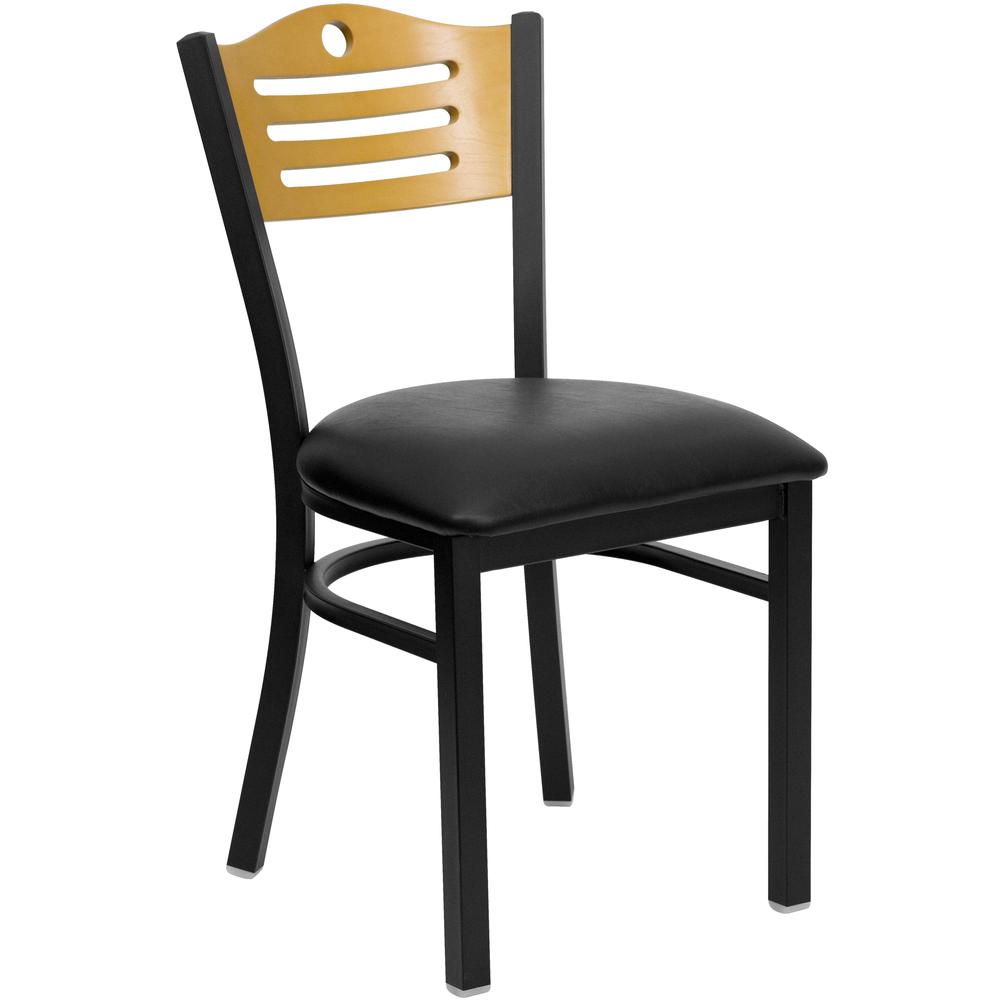  Hercules Series Black Slat Back Metal Restaurant Chair - Natural Wood Back, Black Vinyl Seat By Flash Furniture 