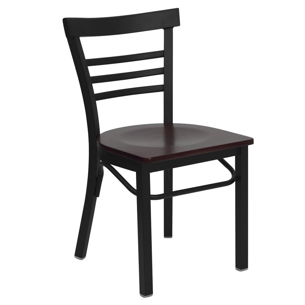  Hercules Series Black Three-Slat Ladder Back Metal Restaurant Chair - Mahogany Wood Seat By Flash Furniture 