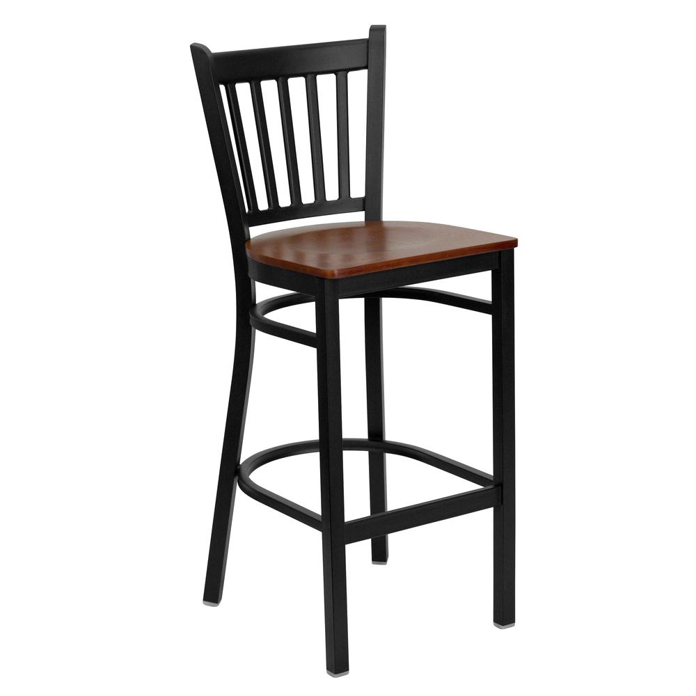  Hercules Series Black Vertical Back Metal Restaurant Barstool - Cherry Wood Seat By Flash Furniture 