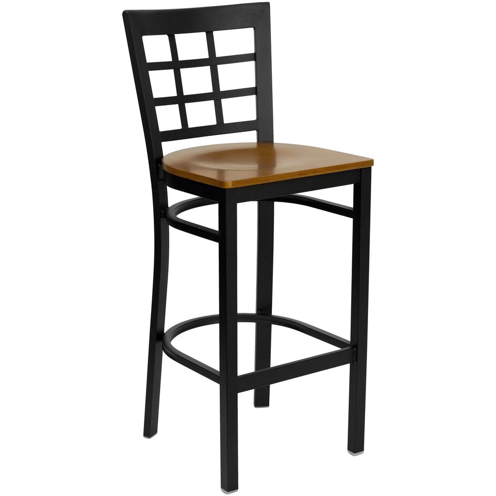  Hercules Series Black Window Back Metal Restaurant Barstool - Cherry Wood Seat By Flash Furniture 