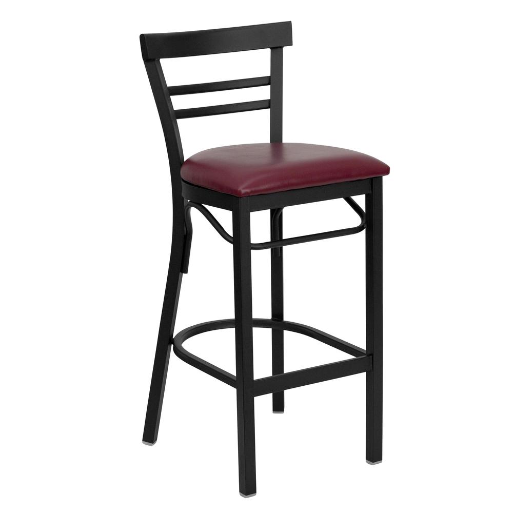  Hercules Series Black Two-Slat Ladder Back Metal Restaurant Barstool - Burgundy Vinyl Seat By Flash Furniture 