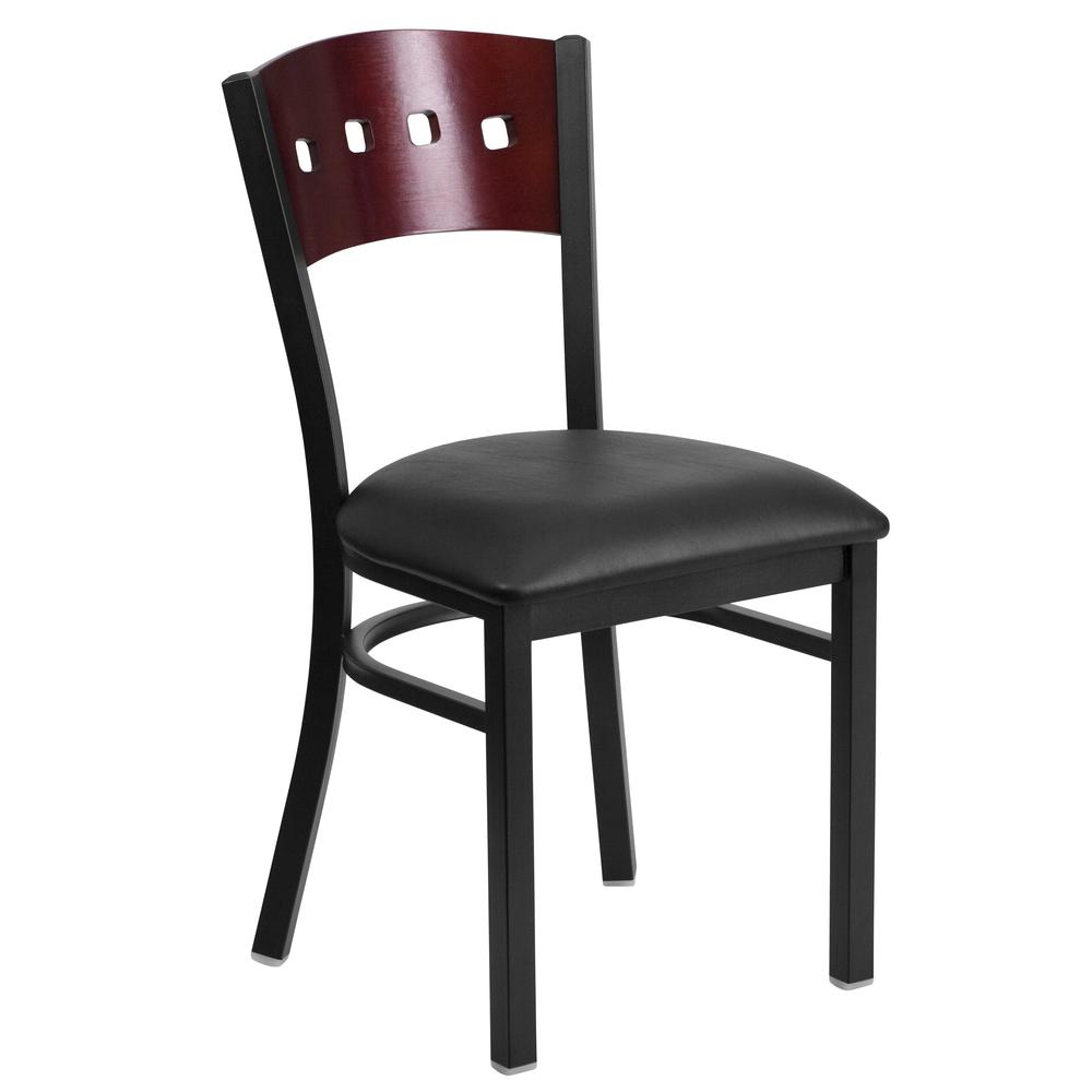  Hercules Series Black 4 Square Back Metal Restaurant Chair - Mahogany Wood Back, Black Vinyl Seat By Flash Furniture 