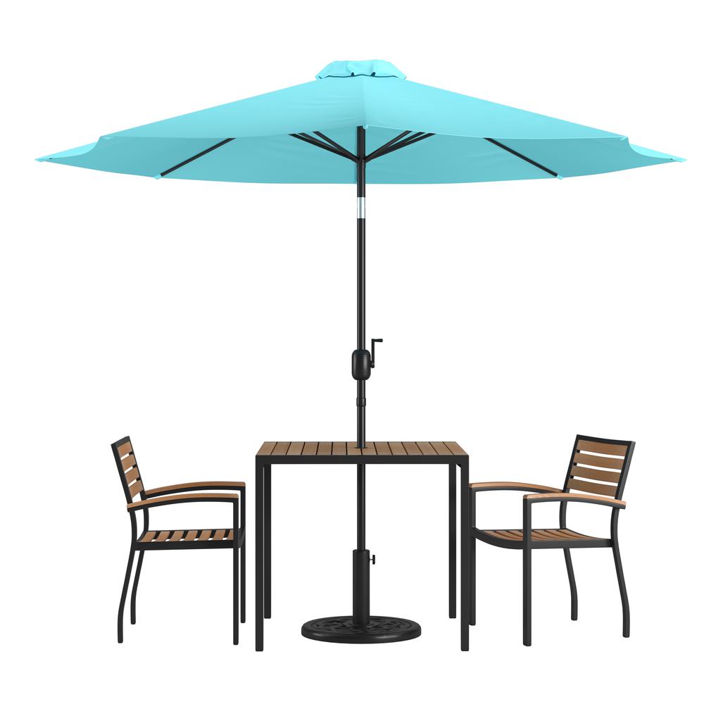  5 Piece Outdoor Patio Dining Table Set With 2 Synthetic Teak Stackable Chairs, 36" Square Table, Teal Umbrella & Base By Flash Furniture 