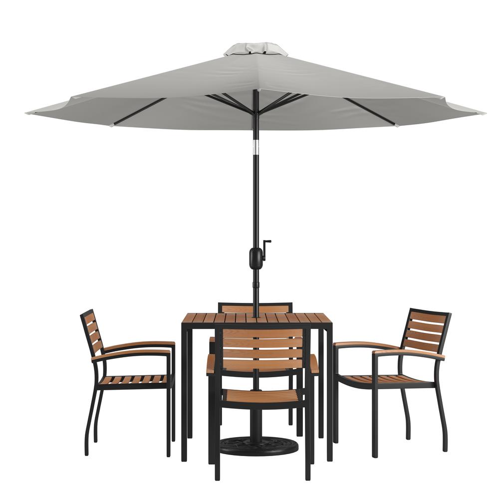  7 Piece Outdoor Patio Table Set With 4 Synthetic Teak Stackable Chairs, 35" Square Table, Gray Umbrella & Base By Flash Furniture 