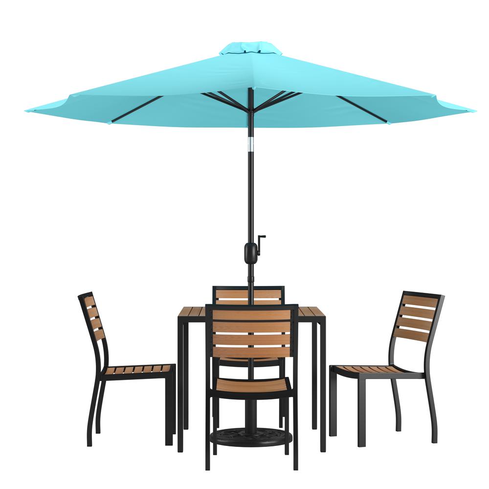  7 Piece All-Weather Deck Or Patio Set With 4 Stacking Faux Teak Chairs, 35" Square Faux Teak Table, Teal Umbrella & Base By Flash Furniture 