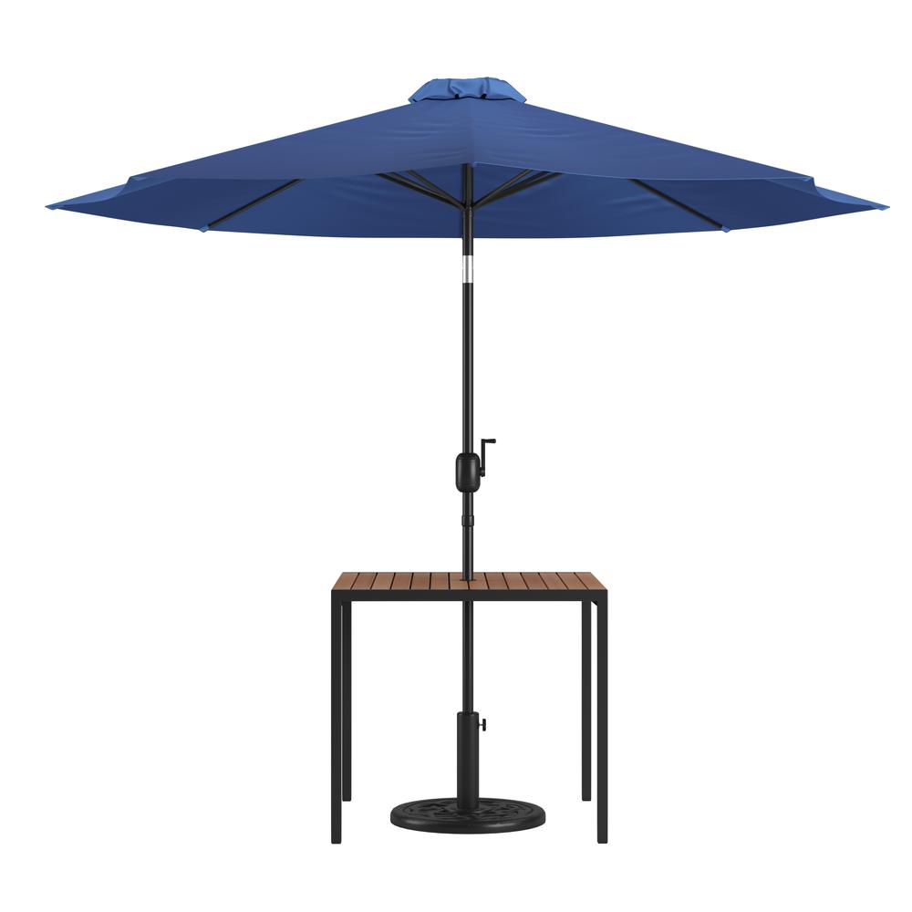  3 Piece Outdoor Patio Table Set - 35" Square Synthetic Teak Patio Table With Navy Umbrella And Base By Flash Furniture 