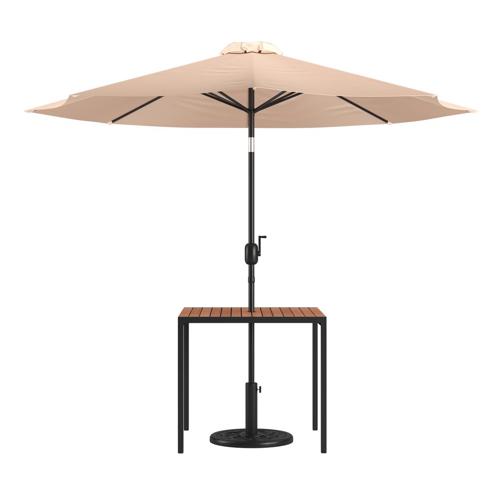  3 Piece Outdoor Patio Table Set - 35" Square Synthetic Teak Patio Table With Umbrella Hole And Tan Umbrella With Base By Flash Furniture 