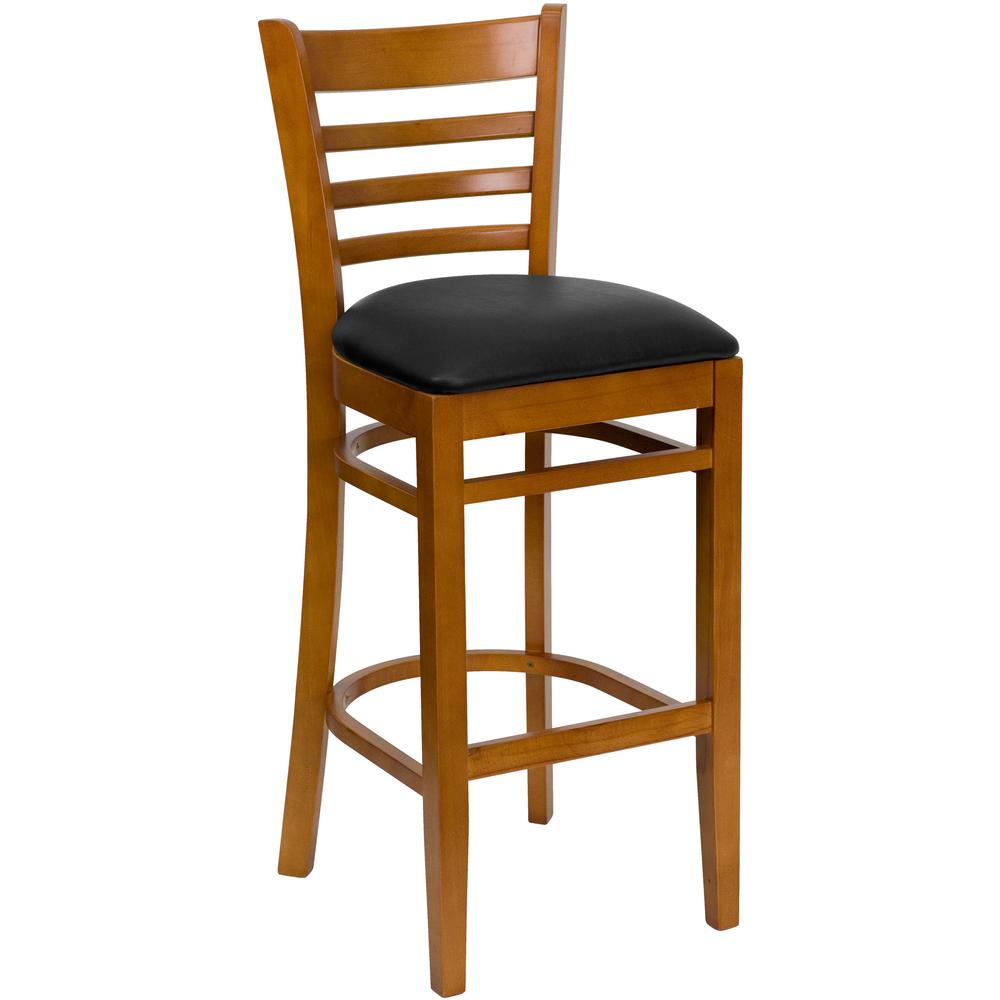  Hercules Series Ladder Back Cherry Wood Restaurant Barstool - Black Vinyl Seat By Flash Furniture 