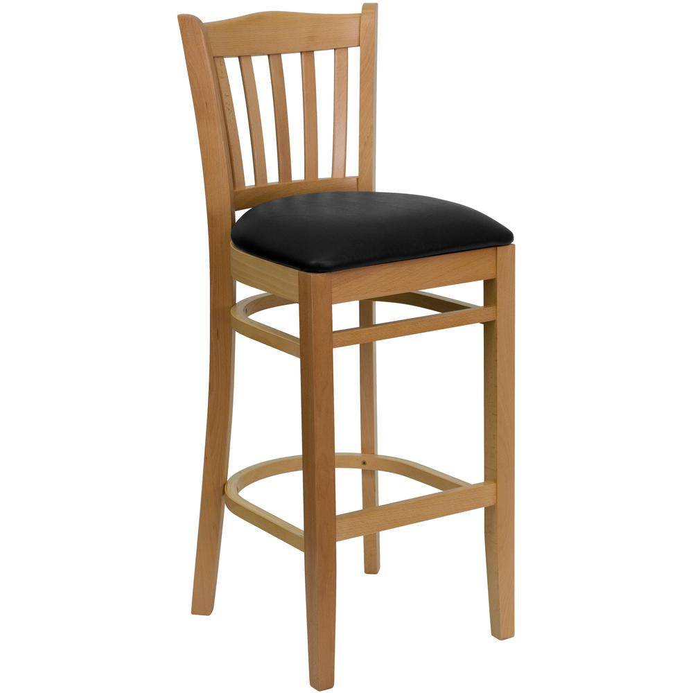  Hercules Series Vertical Slat Back Natural Wood Restaurant Barstool - Black Vinyl Seat By Flash Furniture 