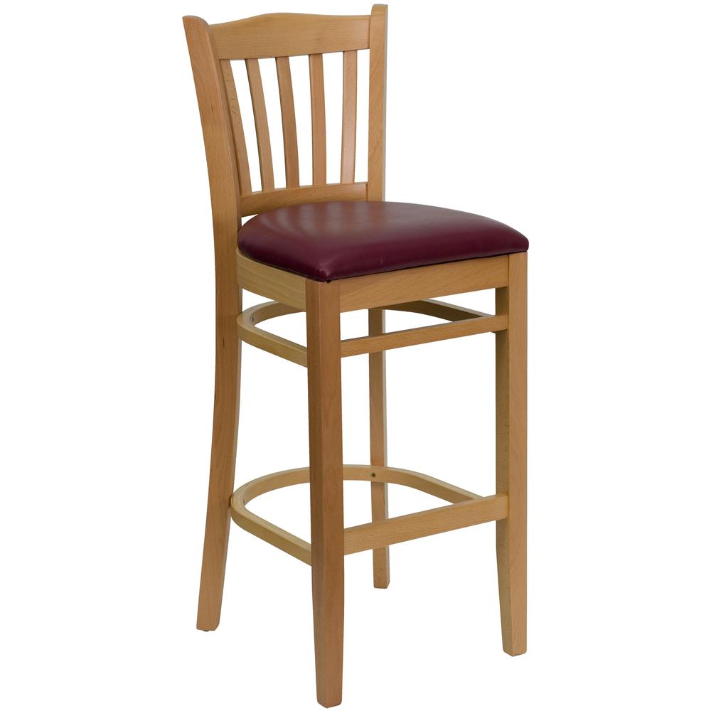  Hercules Series Vertical Slat Back Natural Wood Restaurant Barstool - Burgundy Vinyl Seat By Flash Furniture 