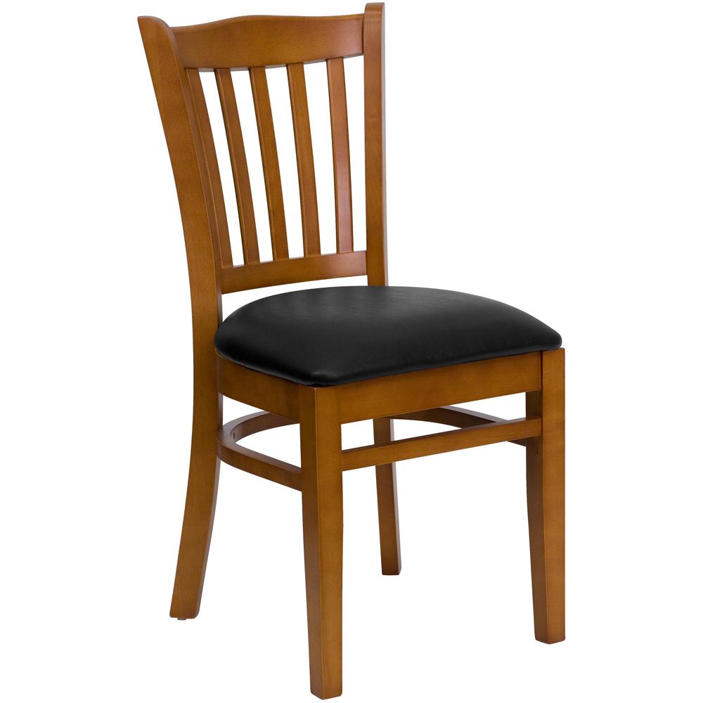  Hercules Series Vertical Slat Back Cherry Wood Restaurant Chair - Black Vinyl Seat By Flash Furniture 