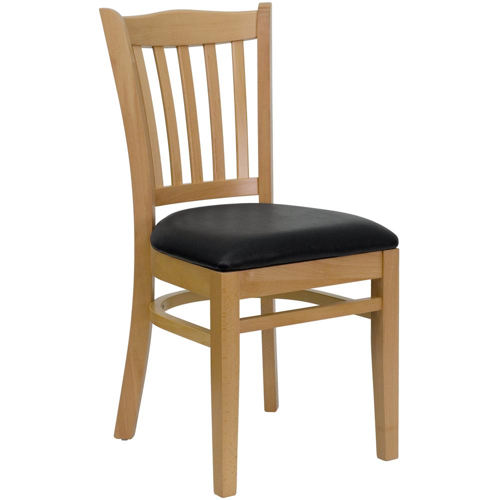  Hercules Series Vertical Slat Back Natural Wood Restaurant Chair - Black Vinyl Seat By Flash Furniture 