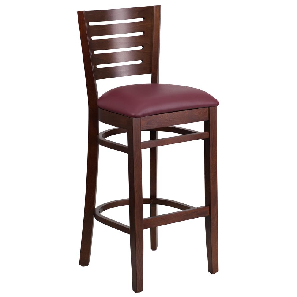  Darby Series Slat Back Walnut Wood Restaurant Barstool - Burgundy Vinyl Seat By Flash Furniture 